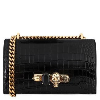 ALEXANDER MCQUEEN Crocodile Effect Jewelled Satchel Women Crossbody Bags Blk/Gold 1001 for sale