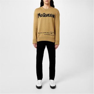 ALEXANDER MCQUEEN Graffiti Knit Jumper Men Crew Sweaters Beige/Blk 2074 for sale