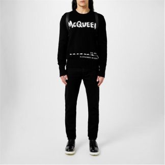 ALEXANDER MCQUEEN Graffiti Knit Jumper Men Crew Sweaters Black/Wht 1006 for sale