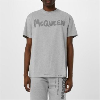 ALEXANDER MCQUEEN Graffiti Logo Print T-Shirt Men Pale Grey 0922  for sale