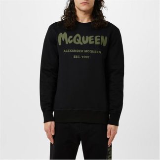 ALEXANDER MCQUEEN Graffiti Sweatshirt Men Crew Sweaters Black/Khaki for sale