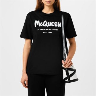 ALEXANDER MCQUEEN Graffiti T Shirt Women Regular Fit T-Shirts Blk/Wht 0520 for sale