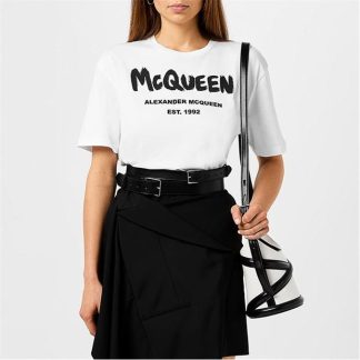 ALEXANDER MCQUEEN Graffiti T Shirt Women Regular Fit T-Shirts Wht/Blk 0909 for sale