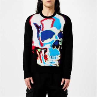 ALEXANDER MCQUEEN Skull Graffiti Knit Jumper Men Black/Blue 1033  for sale