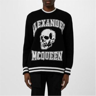 ALEXANDER MCQUEEN Varsity Skull Logo Crew Knit Men Black/Ivory  for sale