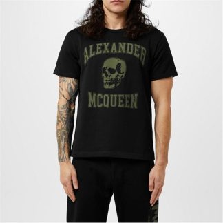 ALEXANDER MCQUEEN Varsity Skull T-Shirt Men Regular Fit T-Shirts Black/Khaki for sale