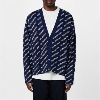 BALENCIAGA All Over Logo Cardigan Men Navy/White  for sale