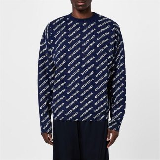 BALENCIAGA Logo Intarsia Cotton Blend Jumper Men Navy/White  for sale