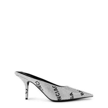 BALENCIAGA Square Knife Crystal-Embellished Leather-Heeled Mules Women Crystal 8310  for sale