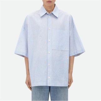 BOTTEGA VENETA Cotton Linen Check Overshirt With Bv Embroidery Men Pale Blue/Burg  for sale