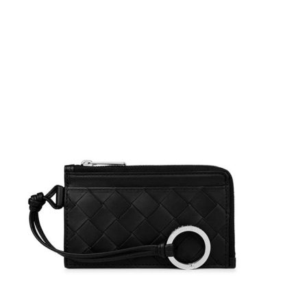 BOTTEGA VENETA Intrecciato L-Zipped Card Holder On Strap Unisex Black 8803  for sale