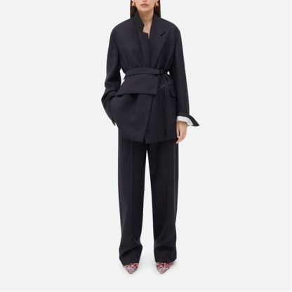 BOTTEGA VENETA Striped Wool Belted Jacket Women Black Blue  for sale