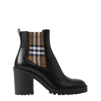 BURBERRY Check Panel Leather Ankle Boots Women Heeled Ankle Boots Black for sale