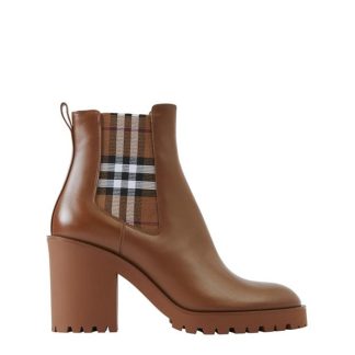 BURBERRY Check Panel Leather Ankle Boots Women Heeled Ankle Boots Tan for sale