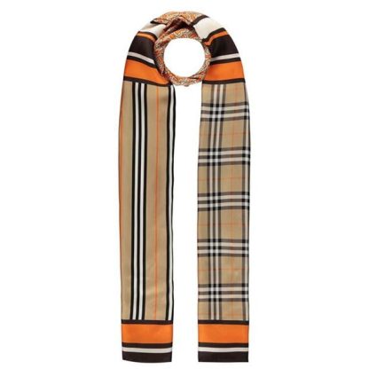 BURBERRY Icon Stripe And Check Print Scarf Women Bri Orange A193  for sale