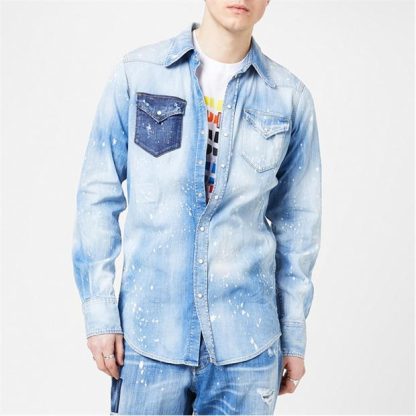 DSQUARED2 Acid Wash Regular Fit Denim Shirt Men Navy Blue 470  for sale