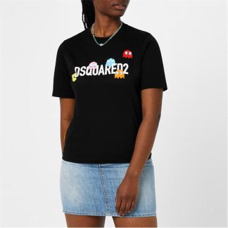 DSQUARED2 Pac-Man Logo T Shirt Women Regular Fit T-Shirts Black for sale