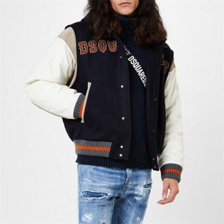 DSQUARED2 Varsity Hooded Bomber Jacket Men Navy Blue  for sale