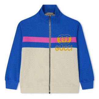 GUCCI Children'S Logo Print Jersey Zip Jacket Kids Full Zip Fleece Tops Wht/Blu 9756 for sale