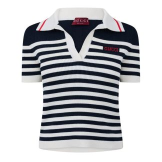 GUCCI Cotton And Viscose Rib Polo Top Women Blue/Ivory/Red  for sale