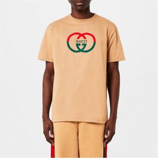 GUCCI Cotton Jersey Print T-Shirt Men Regular Fit T-Shirts Camel for sale