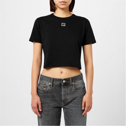 GUCCI Cropped T-Shirt With Crystal G Logo Womens Women Cropped T-Shirts Black for sale