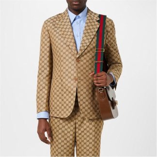 GUCCI Gg Linen Blend Canvas Formal Jacket Men Camel 2580  for sale