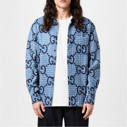 GUCCI Jumbo Gg Checked Shirt Men Azure/Blue/Mc  for sale