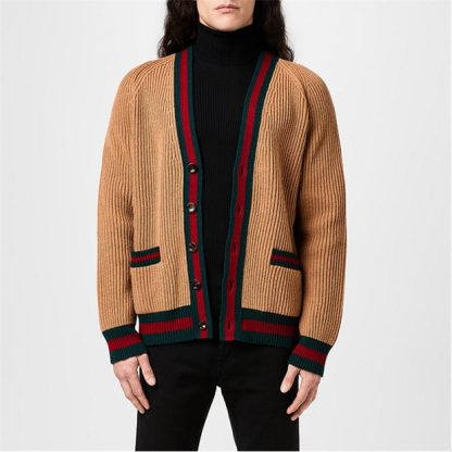 GUCCI Knitted Web Cardigan Men Camel/Green/Red  for sale