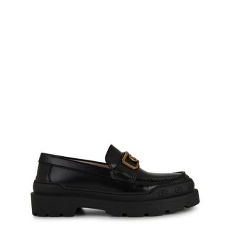 GUCCI Logo Plaque Leather Loafers Women Black  for sale