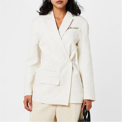 JACQUEMUS La Veste Tibau Beaded-Trim Linen-Blend Blazer Women White  for sale