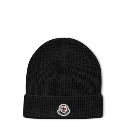 MONCLER Brand Patch Ribbed Knit Beanie Unisex Beanies Black 999 for sale