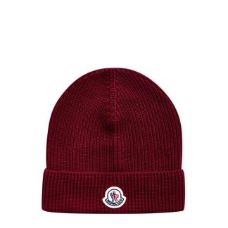 MONCLER Brand Patch Ribbed Knit Beanie Unisex Beanies Burgundy 458 for sale