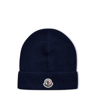 MONCLER Brand Patch Ribbed Knit Beanie Unisex Beanies Navy 779 for sale