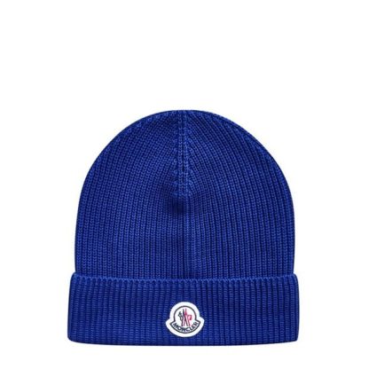 MONCLER Brand Patch Ribbed Knit Beanie Unisex Beanies Royal Blue 761 for sale