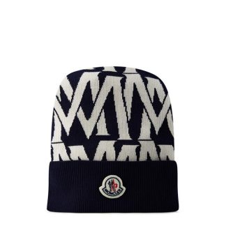 MONCLER Logo Intarsia Ribbed Beanie Unisex Blue/White P70  for sale