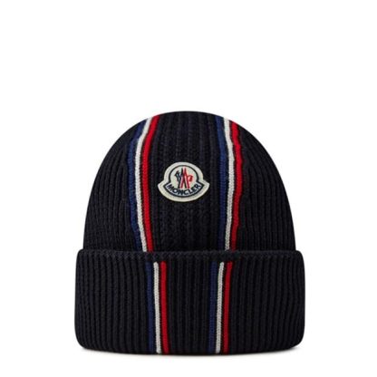 MONCLER Tricolour Wool Beanie Unisex Beanies Navy 742 for sale