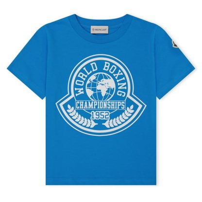 MONCLER Varsity Logo T-Shirt Boys Kids Regular Fit T-Shirts Pale Blue 72C for sale