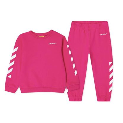 OFF WHITE Helvetica Diagonal Cotton Sweatshirt And Jogger Set Junior Kids Fuschia/White  for sale