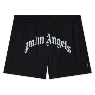 PALM ANGELS Curved Logo Shorts Kids Swim Shorts Black 1001 for sale