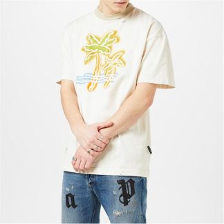 PALM ANGELS Distressed Neon Palm T Shirt Men Regular Fit T-Shirts Wht/Mlt 0384 for sale