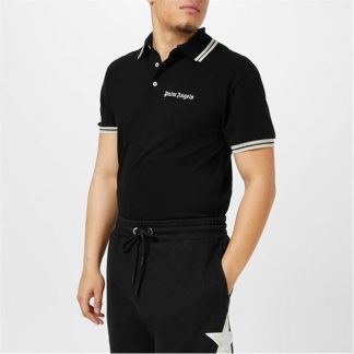 PALM ANGELS Embroidered Logo Polo Shirt Men Short Sleeve Polos Blk/Wht 1001 for sale