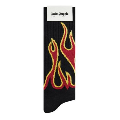 PALM ANGELS Flame Socks Men Crew Socks Black/Red 1025 for sale