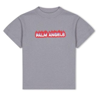 PALM ANGELS Logo Flames T-Shirt Juniors Kids Regular Fit T-Shirts Grey 30725 for sale