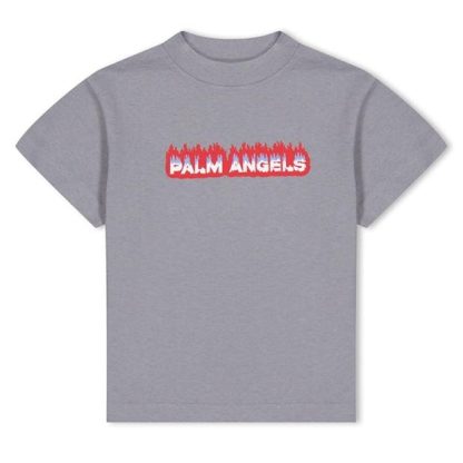 PALM ANGELS Logo Flames T-Shirt Juniors Kids Regular Fit T-Shirts Grey 30725 for sale