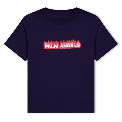 PALM ANGELS Logo Flames T-Shirt Juniors Kids Regular Fit T-Shirts Navy 4625 for sale