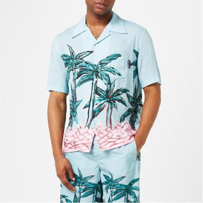 PALM ANGELS Palm Tree Print Bowling Shirt Men Blue 4055  for sale