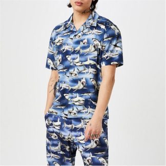 PALM ANGELS Shark Bowling Shirt Men Blu/Blk 4510  for sale