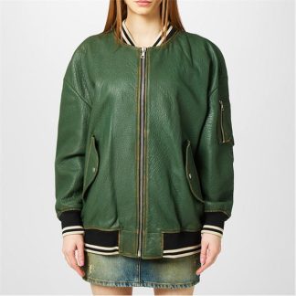 PALM ANGELS Sunset Leather Bomber Jacket Women Grn/Blk 5510  for sale