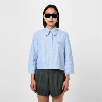 PRADA Embroidered Striped Shirt Women Bianco Azzurro  for sale